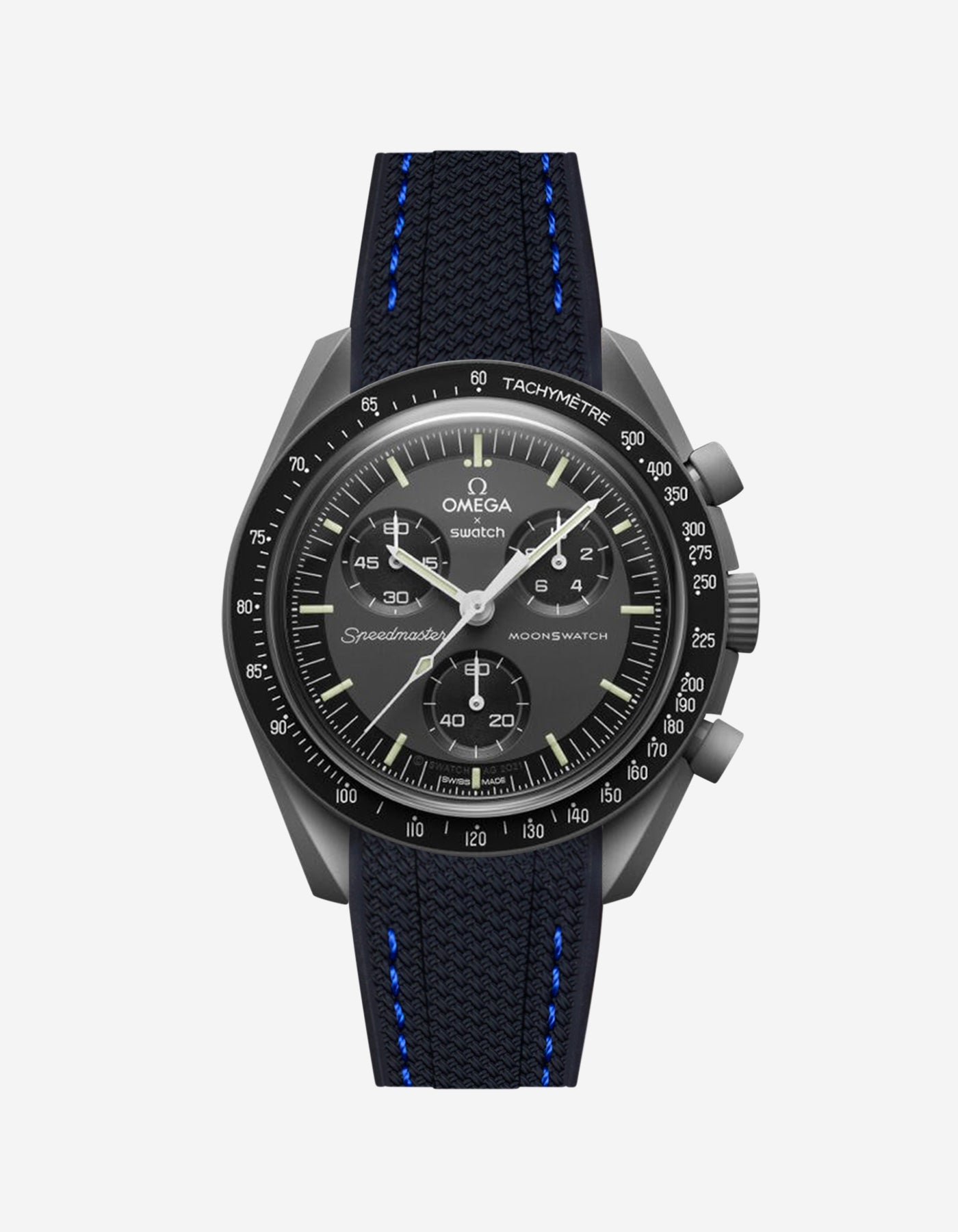 Black Omega  X Swatch Mercury  watch with detailed face on a white background