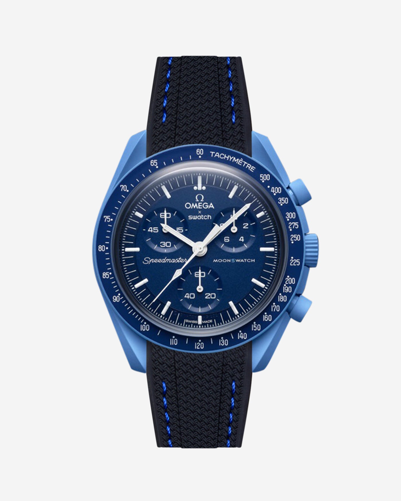 Omega X Swatch Neptune watch with a black and blue vertech rubber watch strap and detailed face on a white background