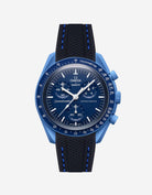 Omega X Swatch Neptune watch with a black and blue vertech rubber watch strap and detailed face on a white background