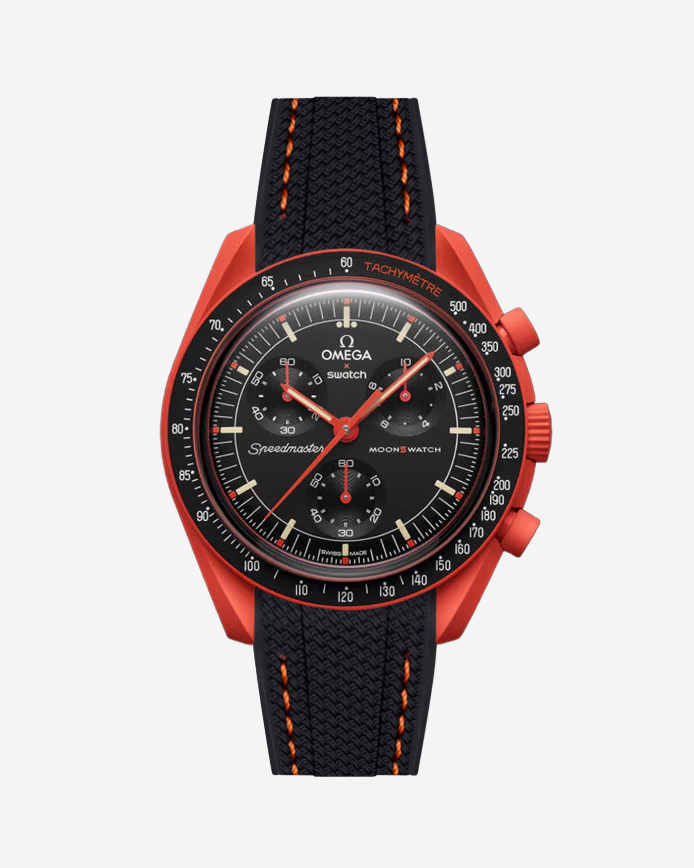 Black Rubber strap for Omega X Swatch MoonSwatch Mission On Earth Lava with Orange Stitches , attached to the watch