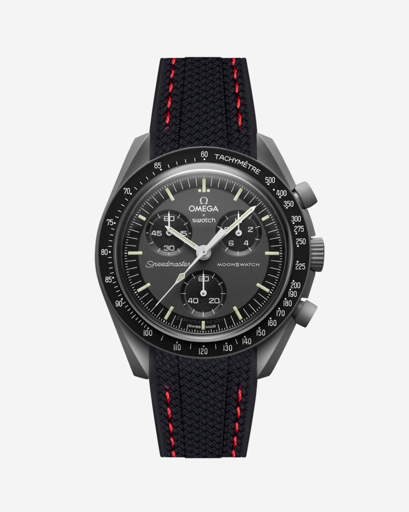Black Omega  X Swatch Mercury  watch with detailed face on a white background