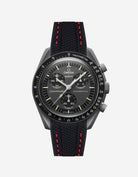 Black Omega  X Swatch Mercury  watch with detailed face on a white background