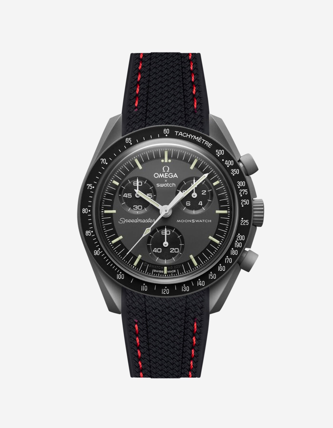 Black Omega  X Swatch Mercury  watch with detailed face on a white background