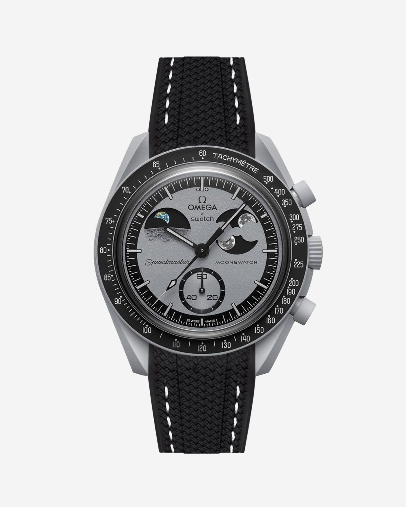 Omega watch with black strap and detailed face on a white background