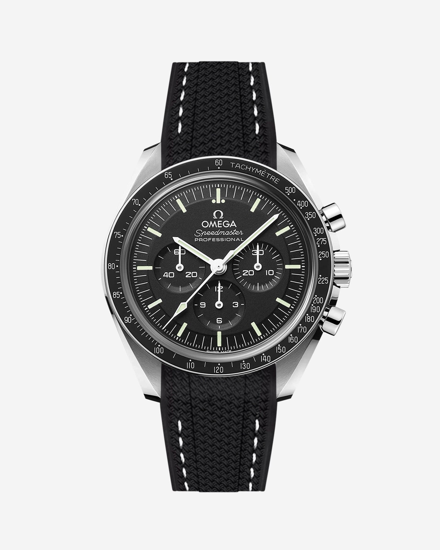 Black Omega Speedmaster watch with a black & white stitches vertech rubber watch strap from Wristbudyss and a detailed face on a white background