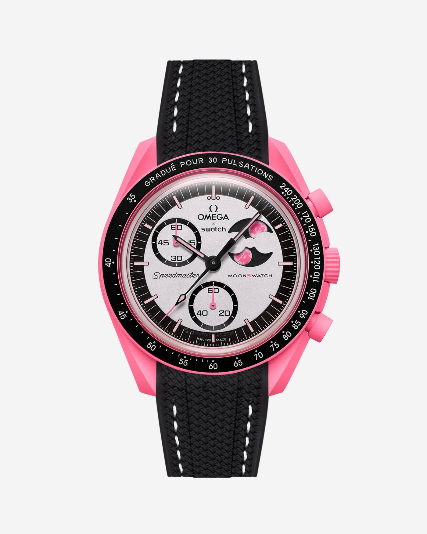 Black rubber watch strap with white stitching installed on Omega x Swatch MoonSwatch Mission to the Pink Moonphase