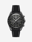 Black Omega  X Swatch Mercury  watch with detailed face on a white background
