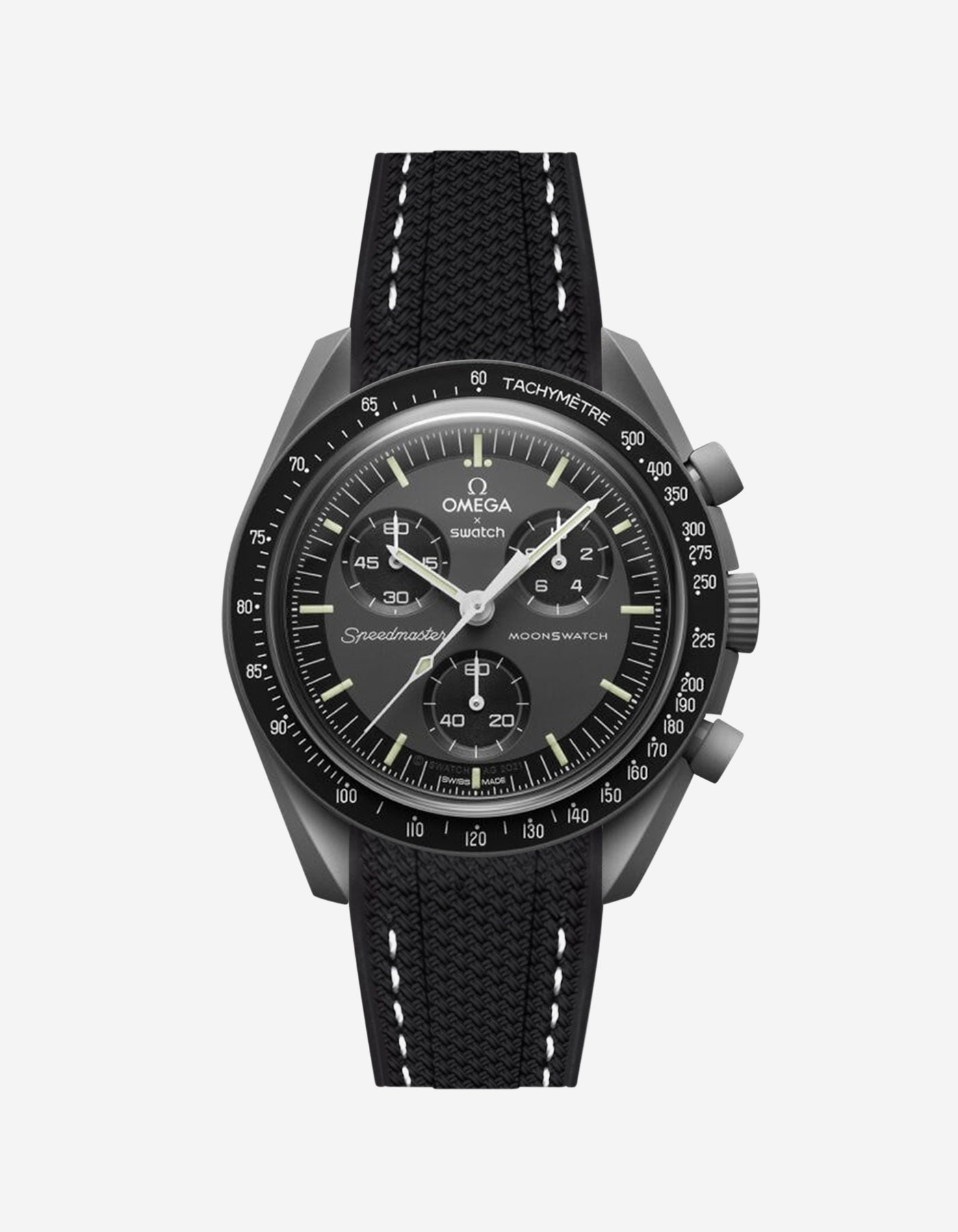 Black Omega  X Swatch Mercury  watch with detailed face on a white background
