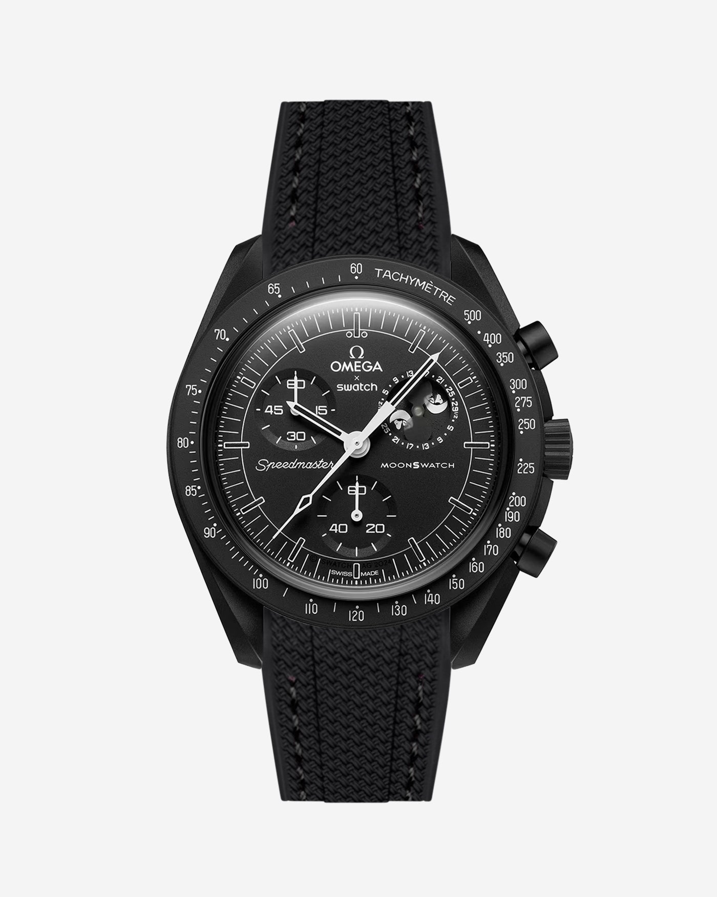Black Omega X Swatch MoonSwatch Mission to The Moonphase - New Moon with a black vertech rubber watch strap and a with detailed face on a white background