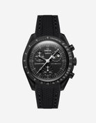 Black Omega X Swatch MoonSwatch Mission to The Moonphase - New Moon with a black vertech rubber watch strap and a with detailed face on a white background