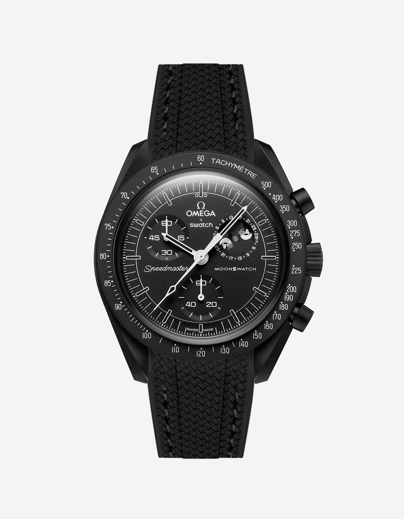 Black Omega X Swatch MoonSwatch Mission to The Moonphase - New Moon with a black vertech rubber watch strap and a with detailed face on a white background
