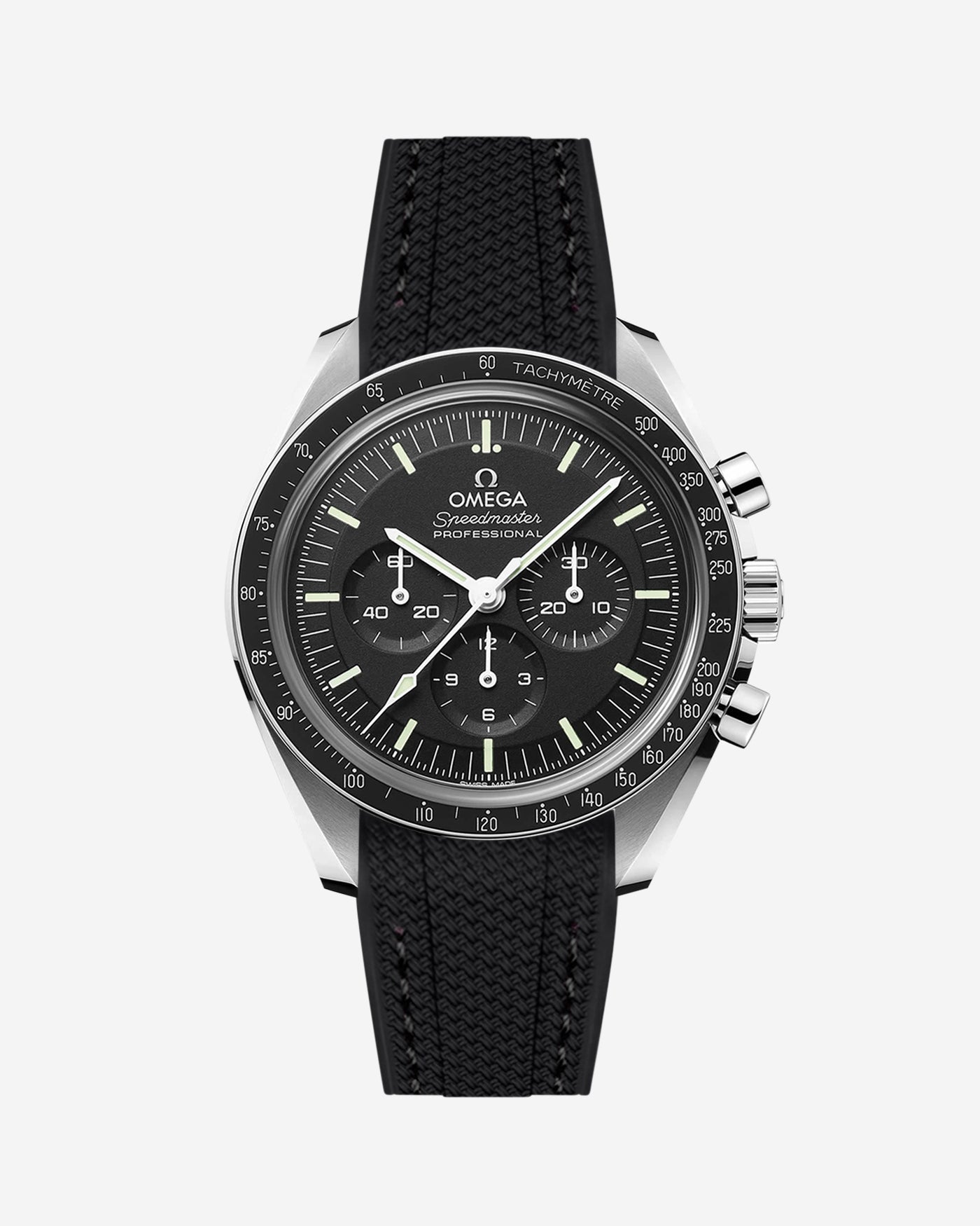 Black Omega Speedmaster watch with a black vertech rubber watch strap from Wristbudyss and a detailed face on a white background