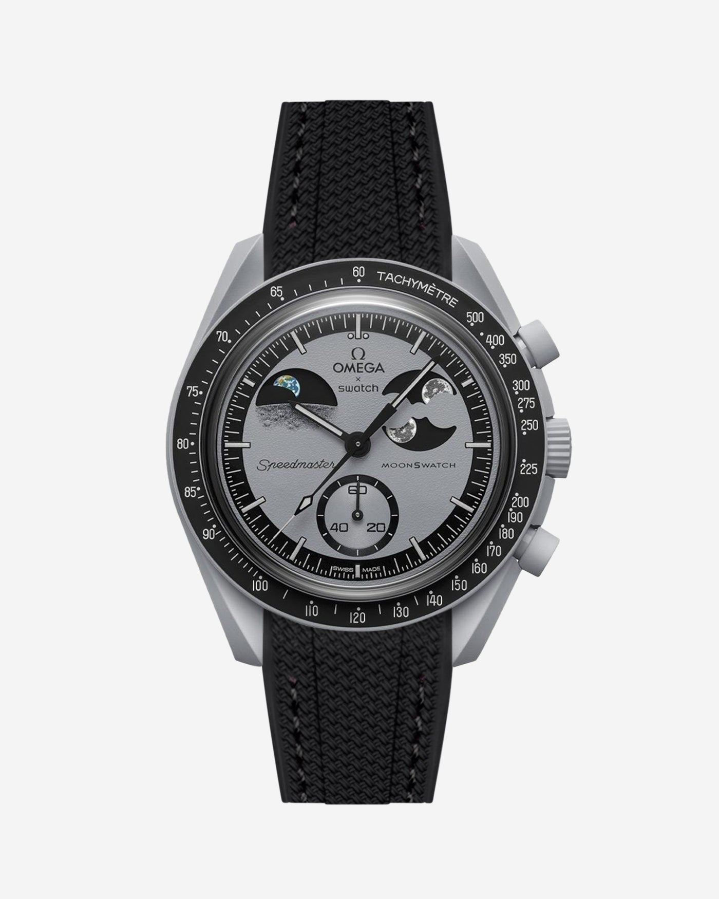 Omega watch with black strap and detailed face on a white background