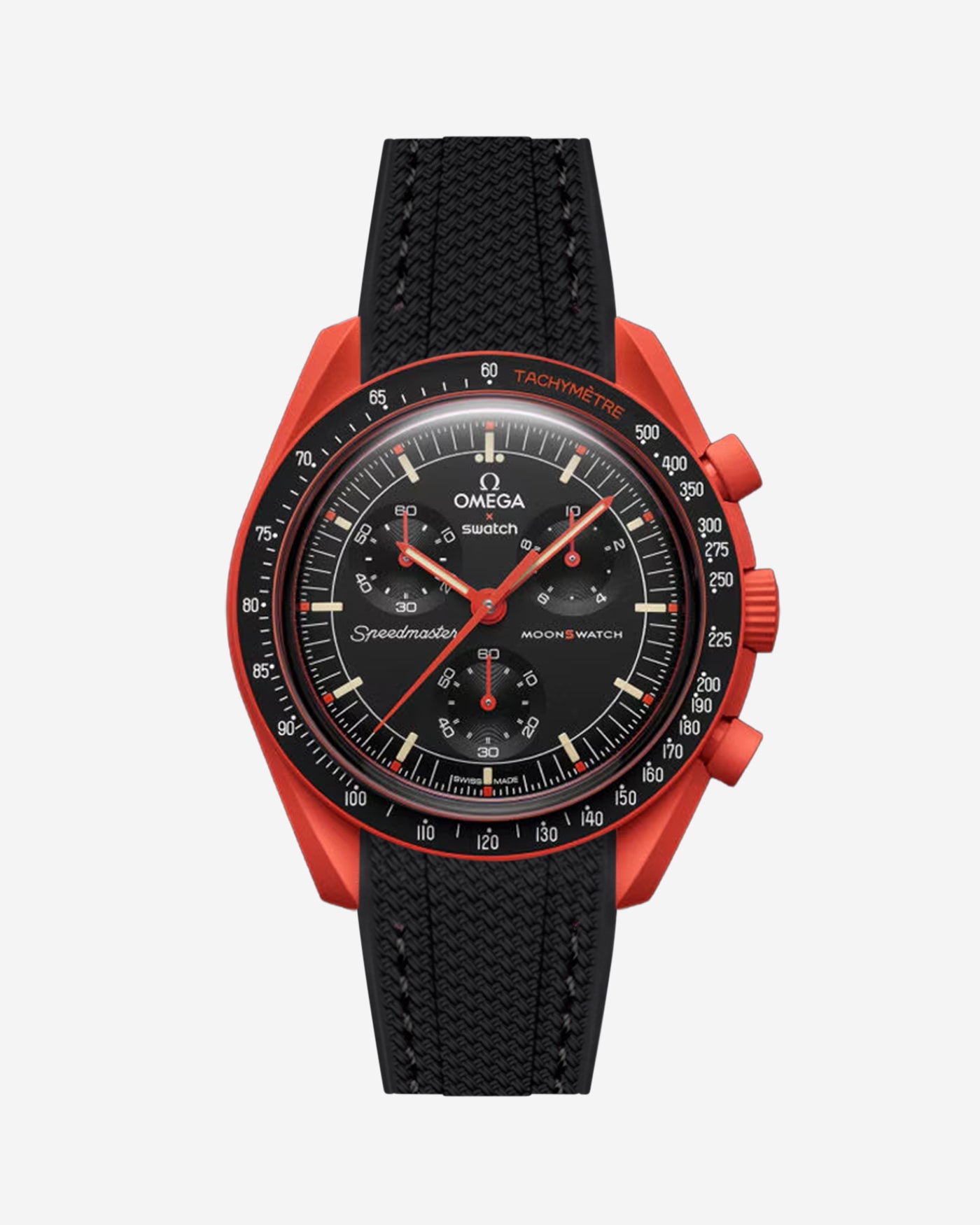 Black Rubber strap for Omega X Swatch MoonSwatch Mission On Earth Lava , attached to the watch