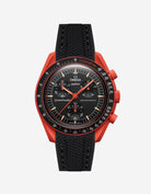 Black Rubber strap for Omega X Swatch MoonSwatch Mission On Earth Lava , attached to the watch