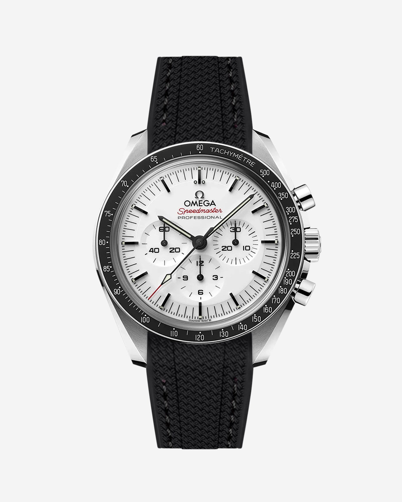 Omega Speedmaster watch with black vertech rubbber watch strap from Wristbuddys and white dial on a white background