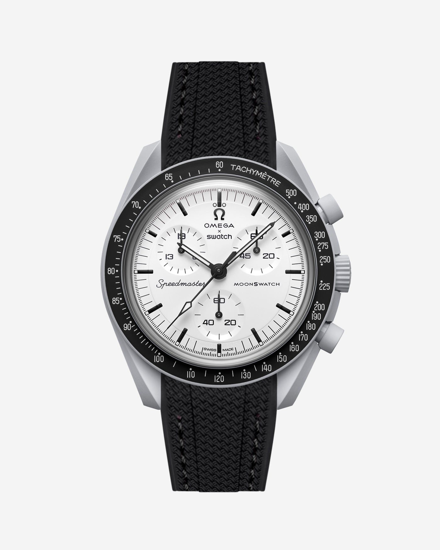 Omega X Swatch MoonSwatch 1965 watch with black strap and white face on a light gray background