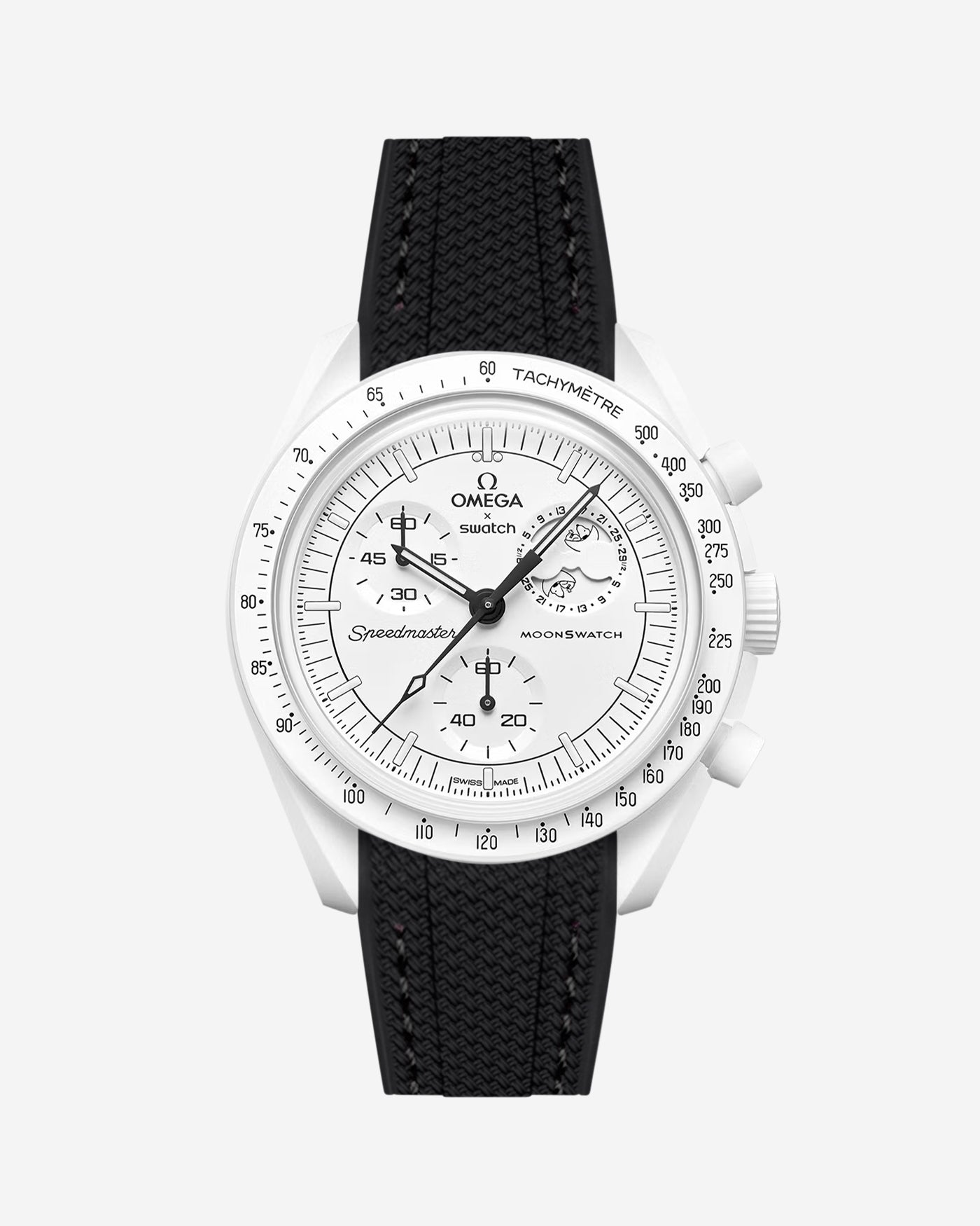 Omega X Swatch MoonSwatch Mission to the MoonPhase on a full black vertech rubber watch strap with a white background showcasing both the watch and the watch strap from Wristbuddys