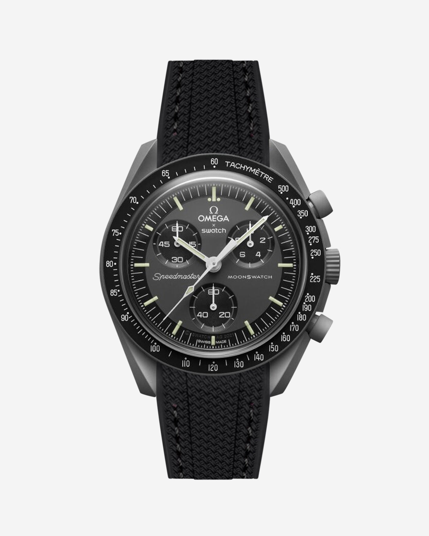 Black Omega  X Swatch Mercury  watch with detailed face on a white background
