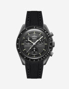 Black Omega  X Swatch Mercury  watch with detailed face on a white background