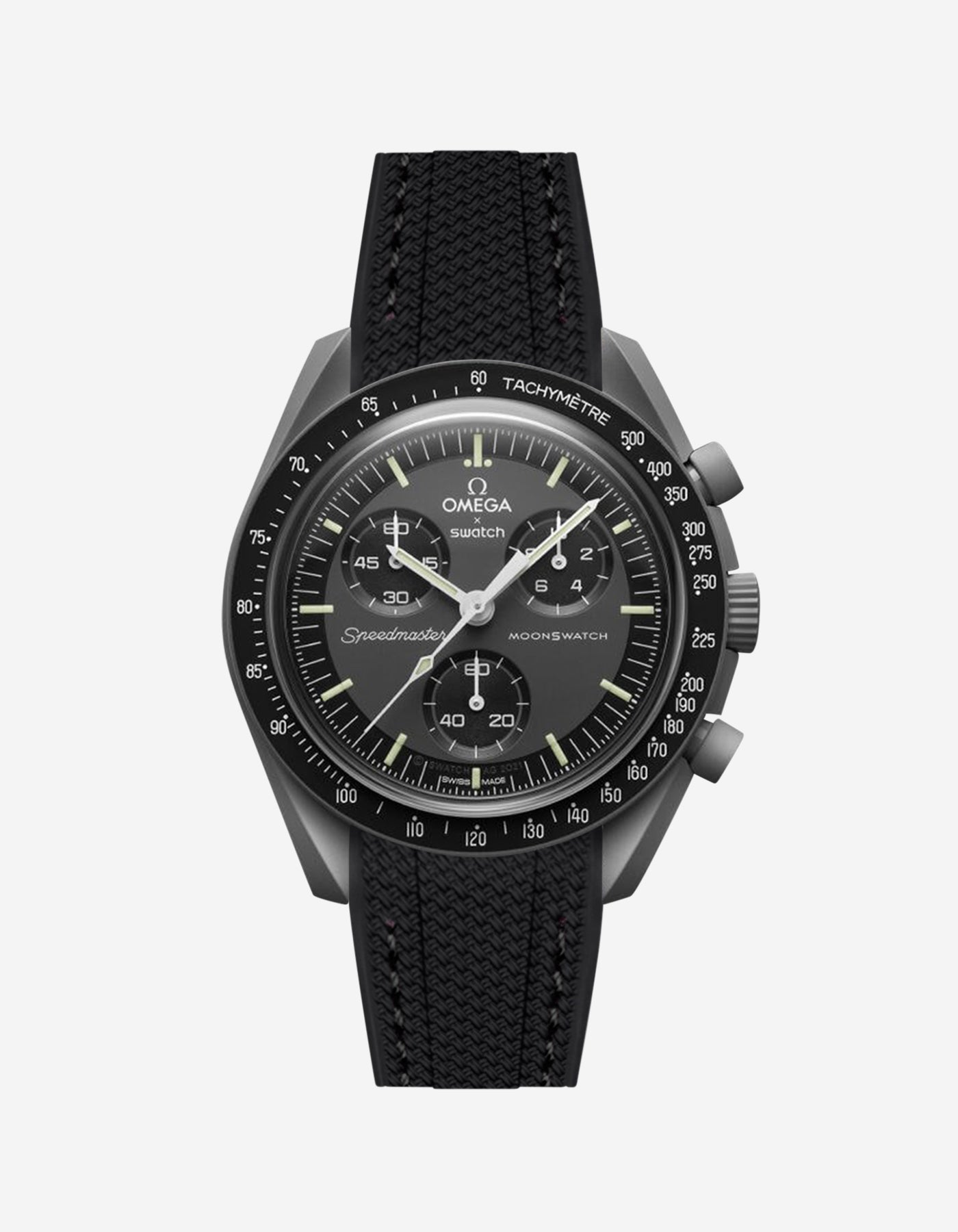 Black Omega  X Swatch Mercury  watch with detailed face on a white background