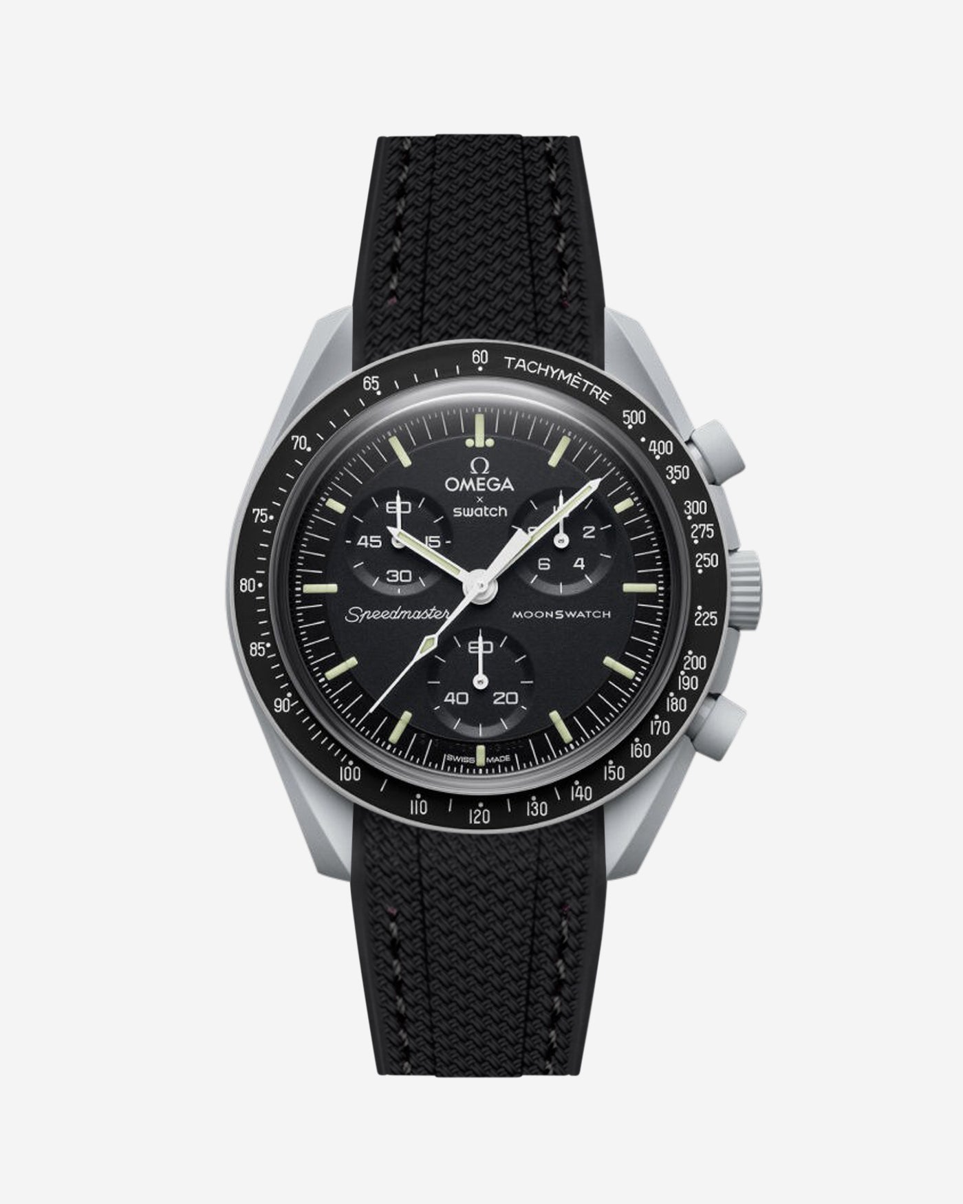 Black Omega watch with a detailed face on a white background