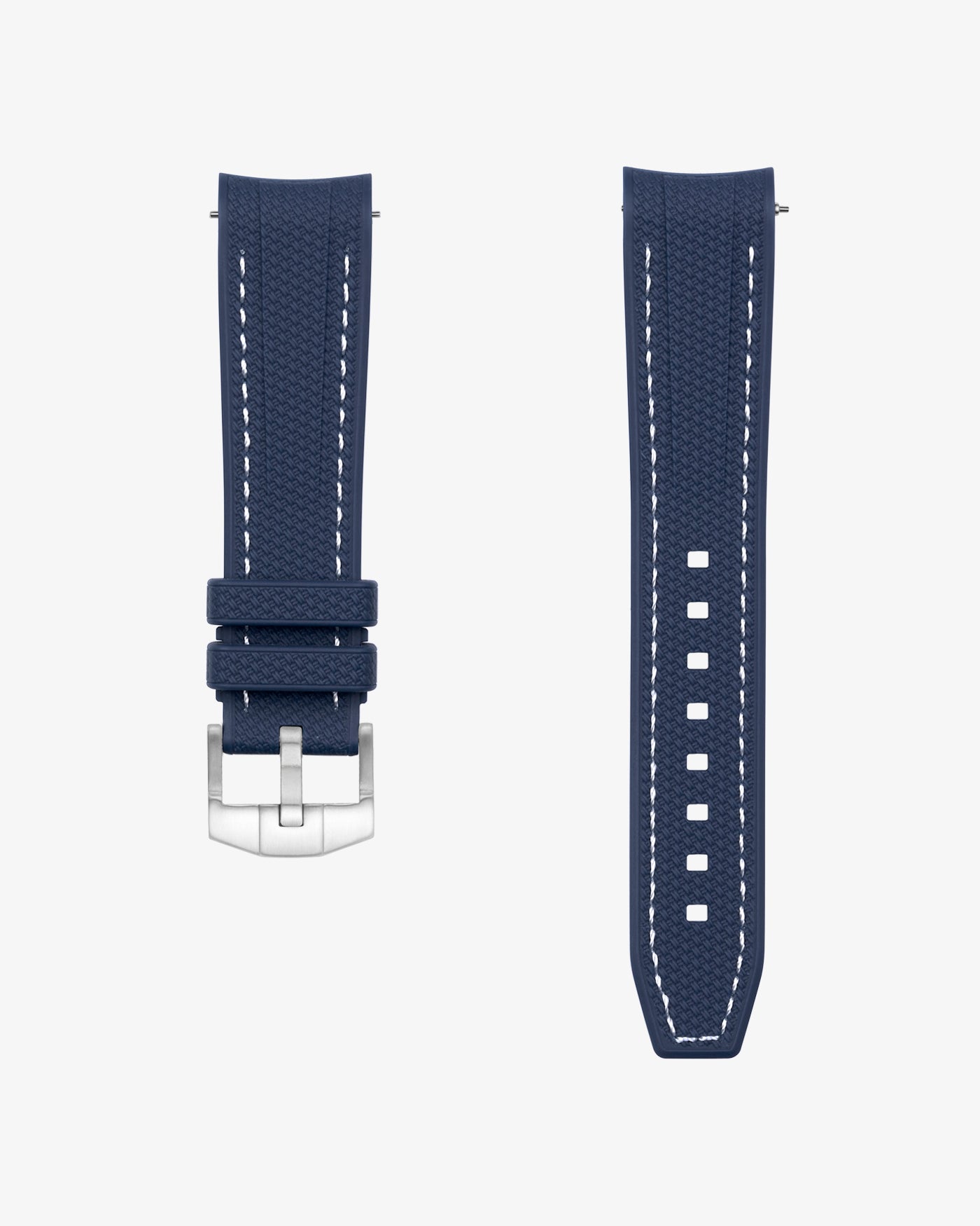 Navy blue vertech rubber watch strap with white stitching on a white gray background