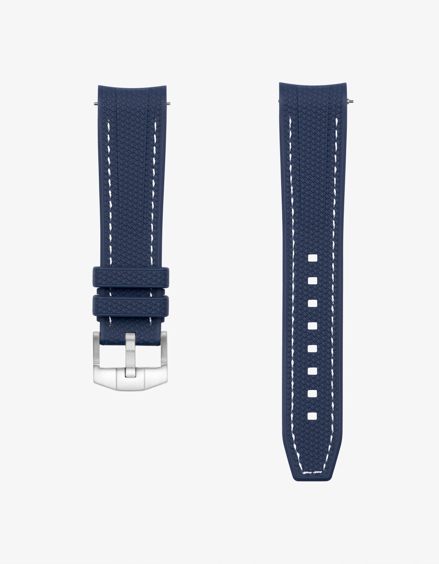Navy blue vertech rubber watch strap with white stitching on a white gray background