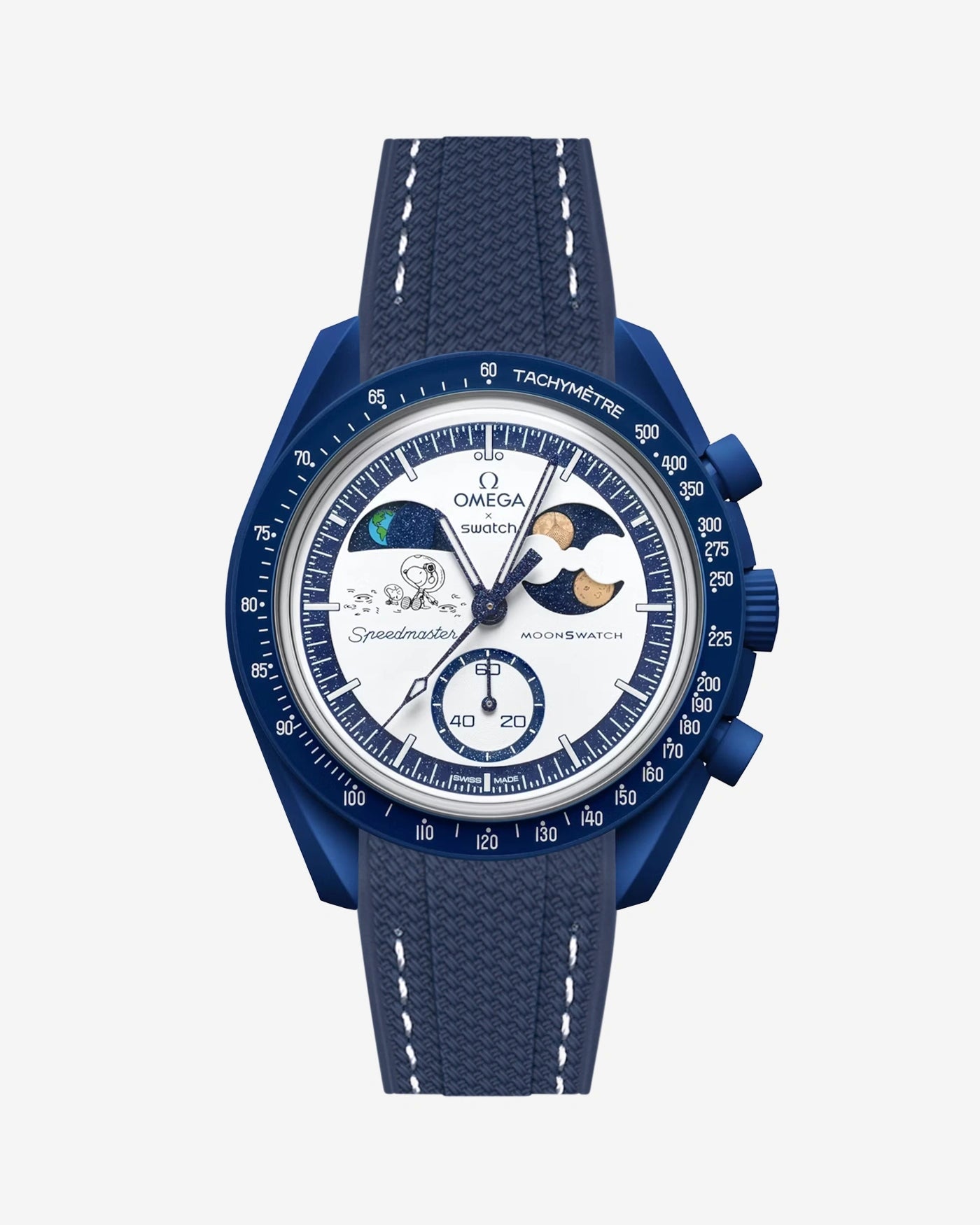 Rubber strap for Omega x Swatch MoonSwatch Mission to Earthphase – Moonshine Gold in blue with white stitching, attached to the watch