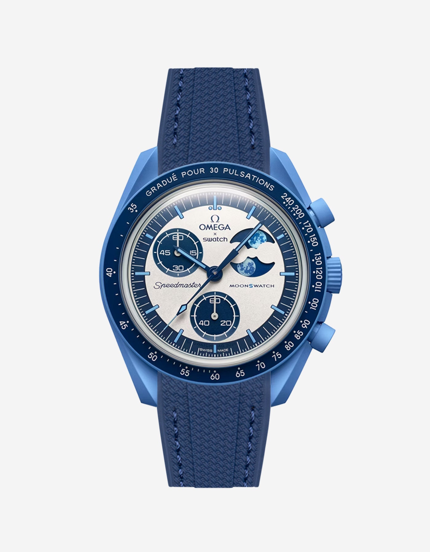 Blue Omega X Swatch MoonSwatch Mission to the Super Blue Moonphase with a navy blue vertech rubber watch strap and a with detailed face on a white background