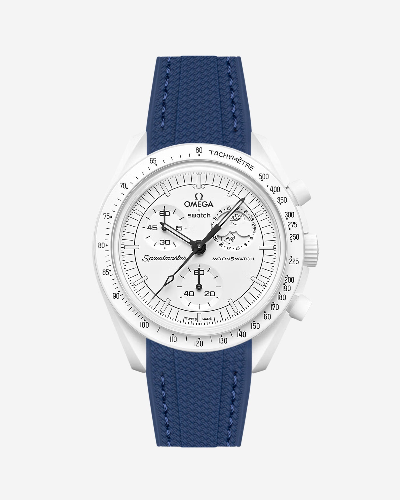 Omega X Swatch MoonSwatch Mission to the MoonPhase on a navy blue vertech rubber watch strap with a white background showcasing both the watch and the watch strap from Wristbuddys