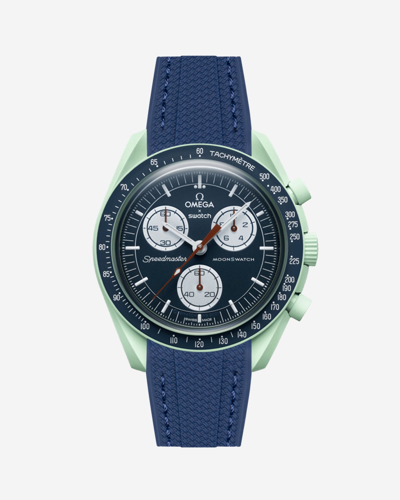 Omega X Swatch Mission on Earth watch with a blue vertech rubber watch strap and detailed face on a white background