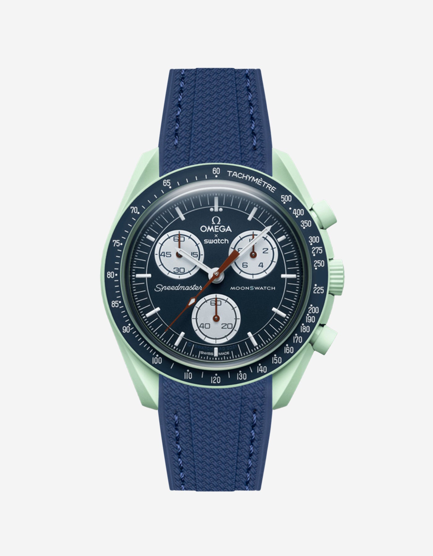 Omega X Swatch Mission on Earth watch with a blue vertech rubber watch strap and detailed face on a white background