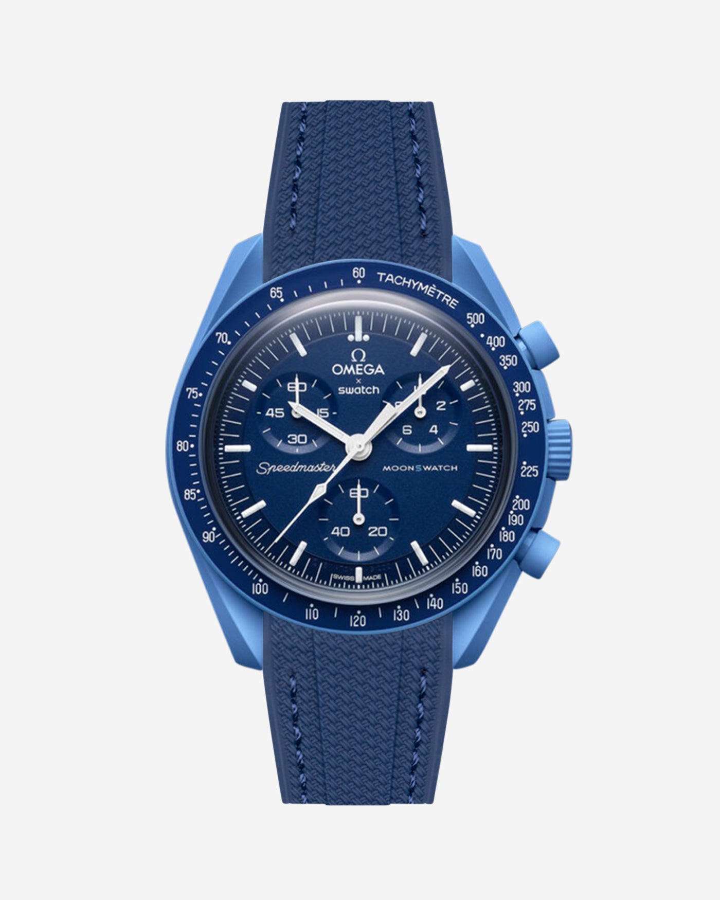 Omega X Swatch Neptune watch with a blue vertech rubber watch strap and detailed face on a white background