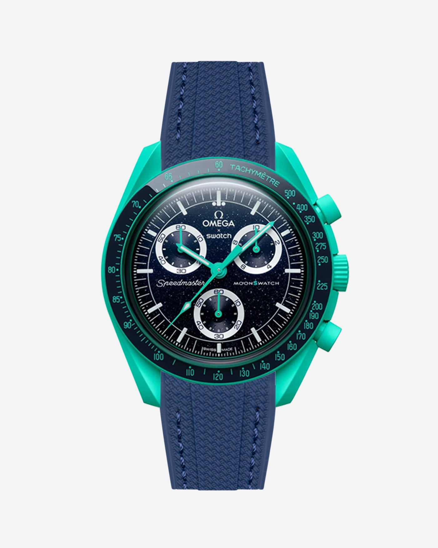 Omega X Swatch watch with blue strap and green bezel on a white background