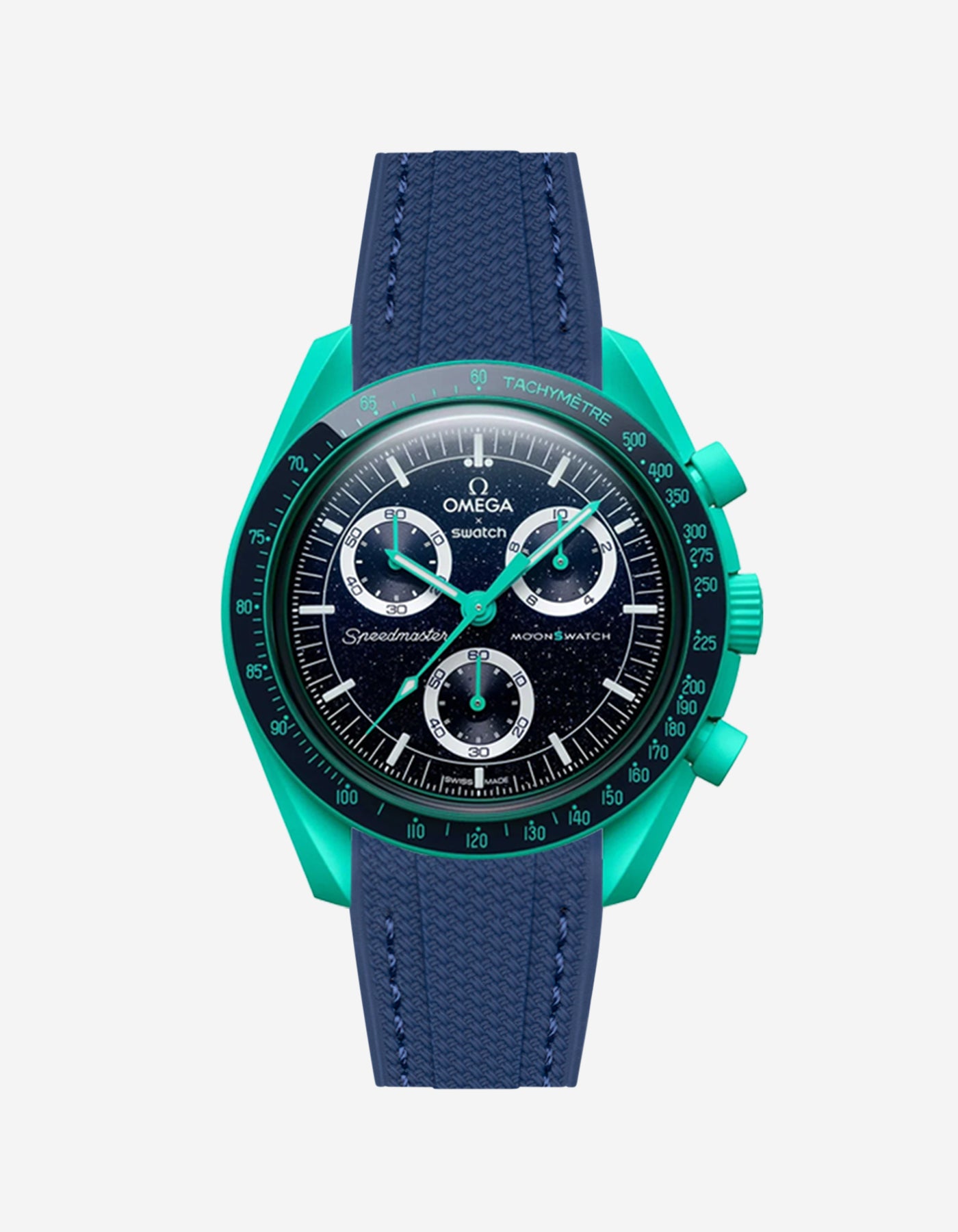 Omega X Swatch watch with blue strap and green bezel on a white background