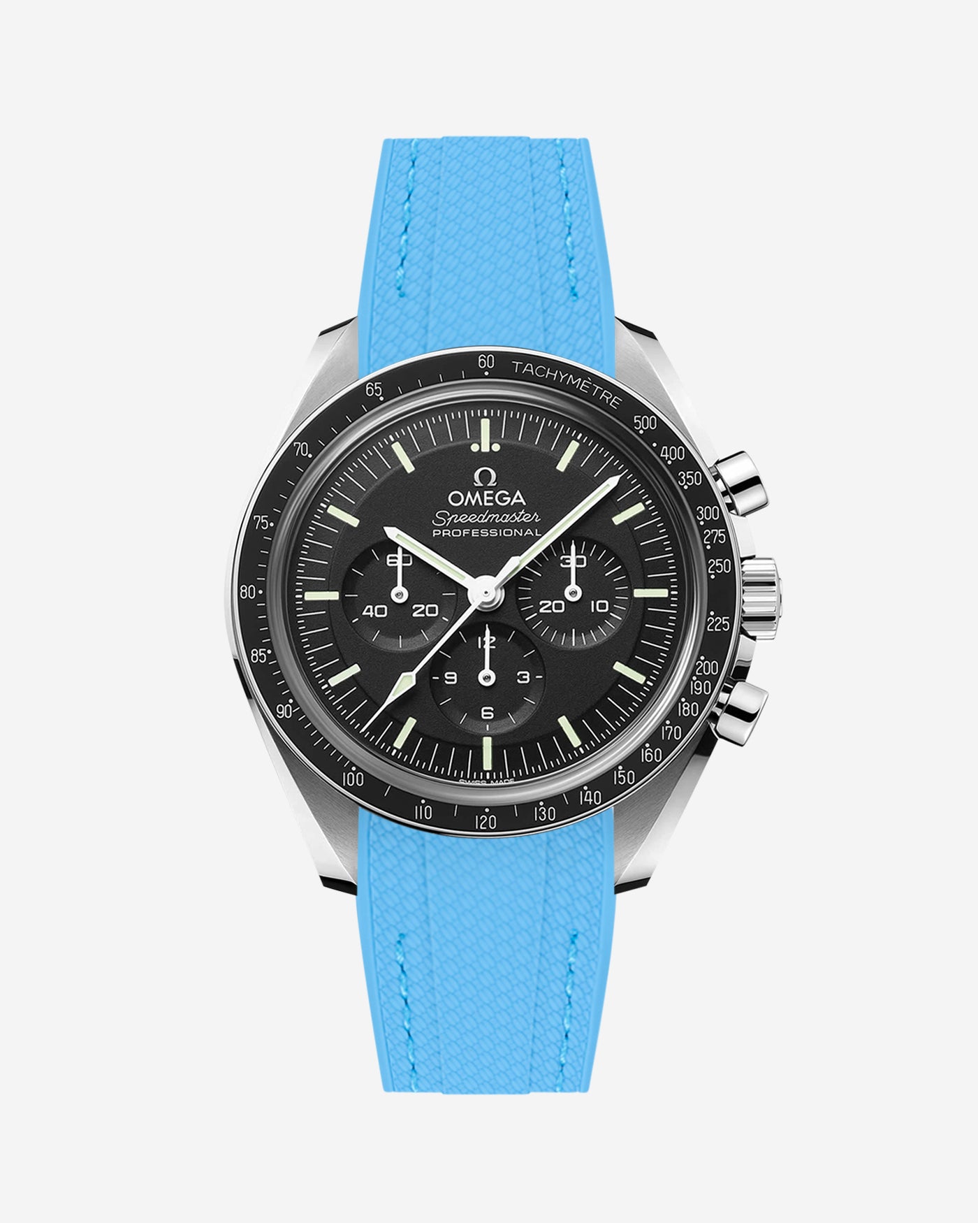 Black Omega Speedmaster watch with a capri blue vertech rubber watch strap from Wristbudyss and a detailed face on a white background