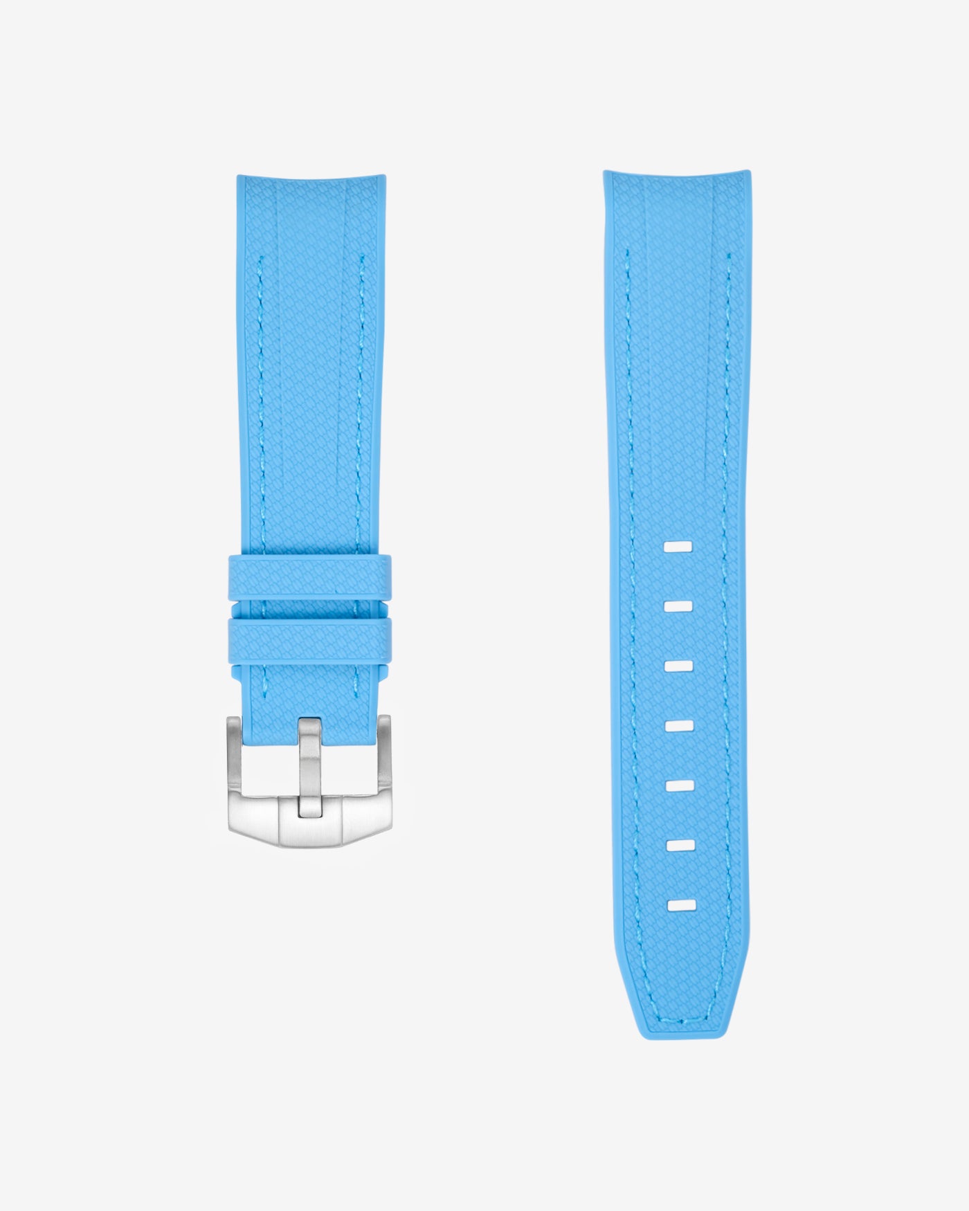 Light blue vertech rubber watch strap with silver buckle on a white background
