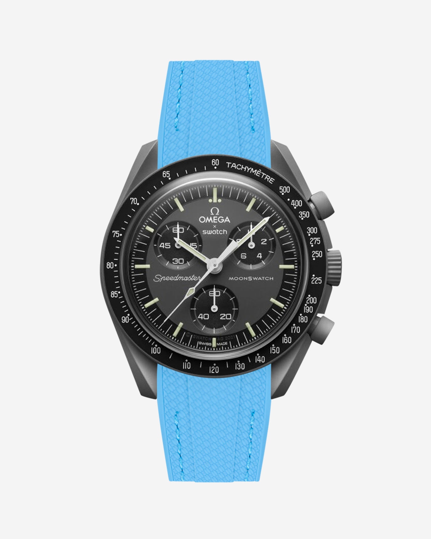 Black Omega  X Swatch Mercury  watch with detailed face on a white background