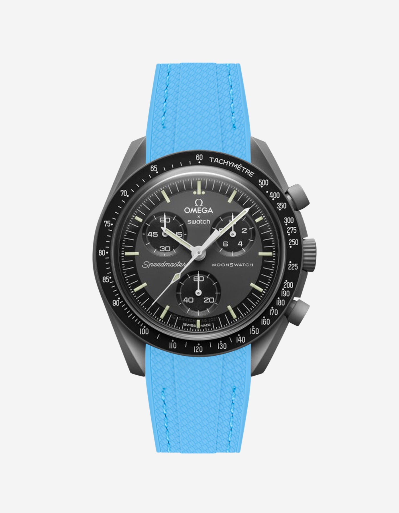 Black Omega  X Swatch Mercury  watch with detailed face on a white background