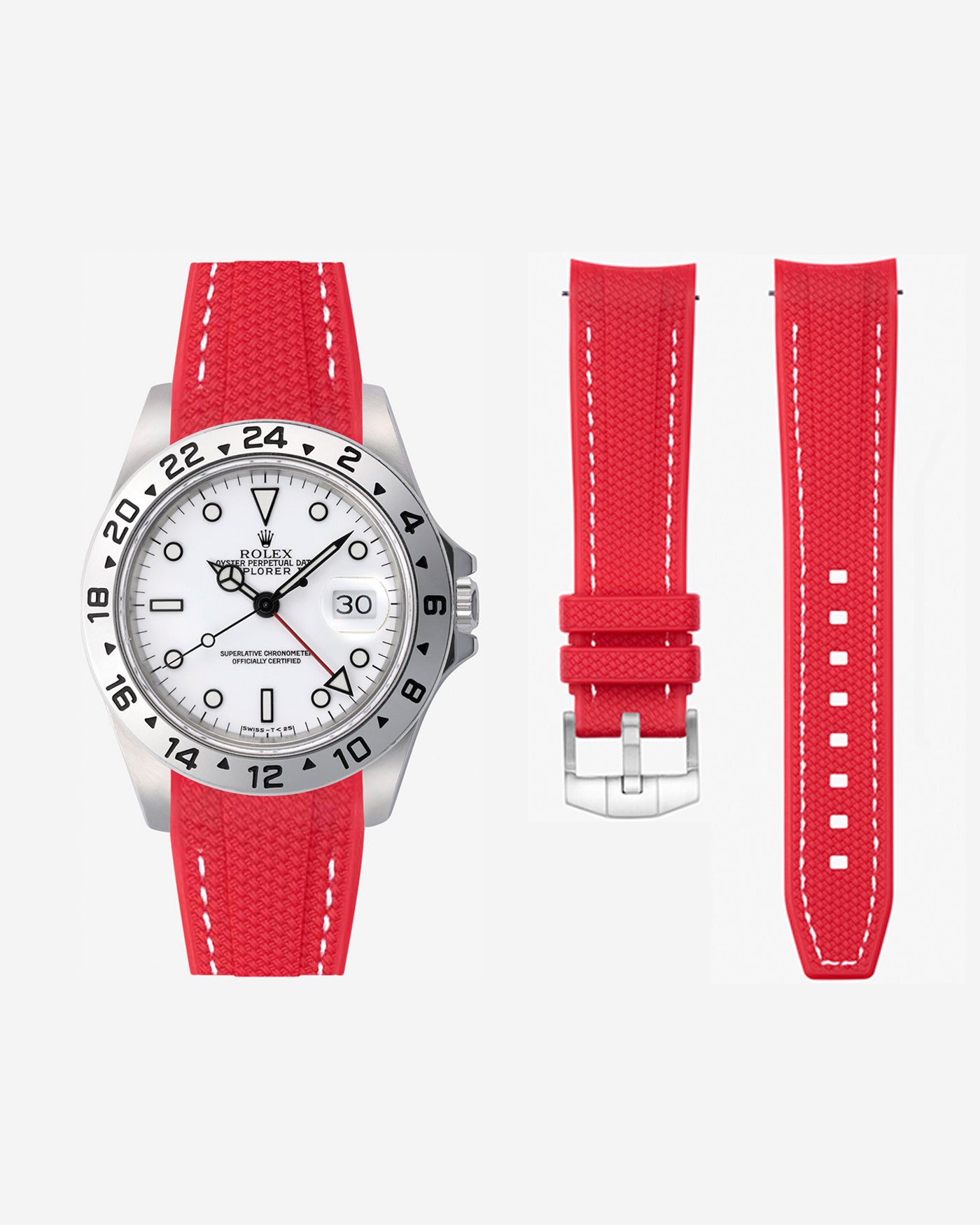 red Vertech rubber strap for Rolex Explorer II 16570 Polar shown with watch and separated strap parts