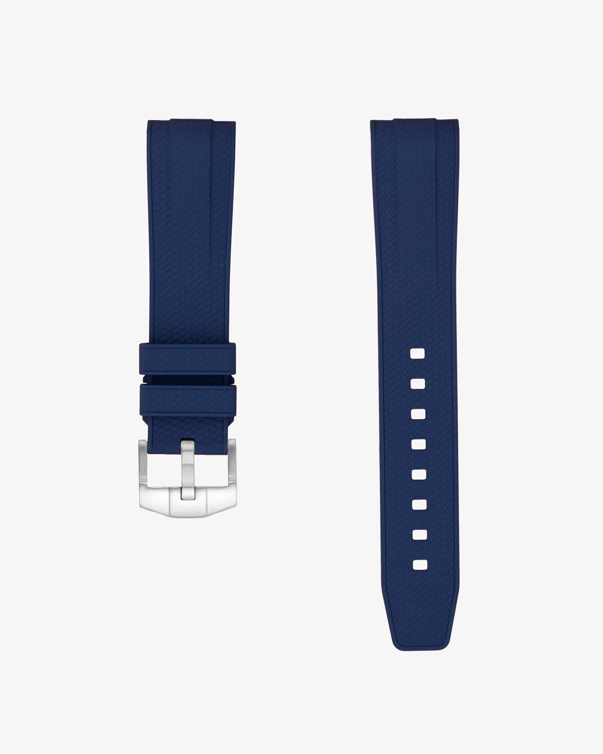 Navy blue Vertech FKM rubber strap for Omega Seamaster 300 Diver with textured finish on a white background