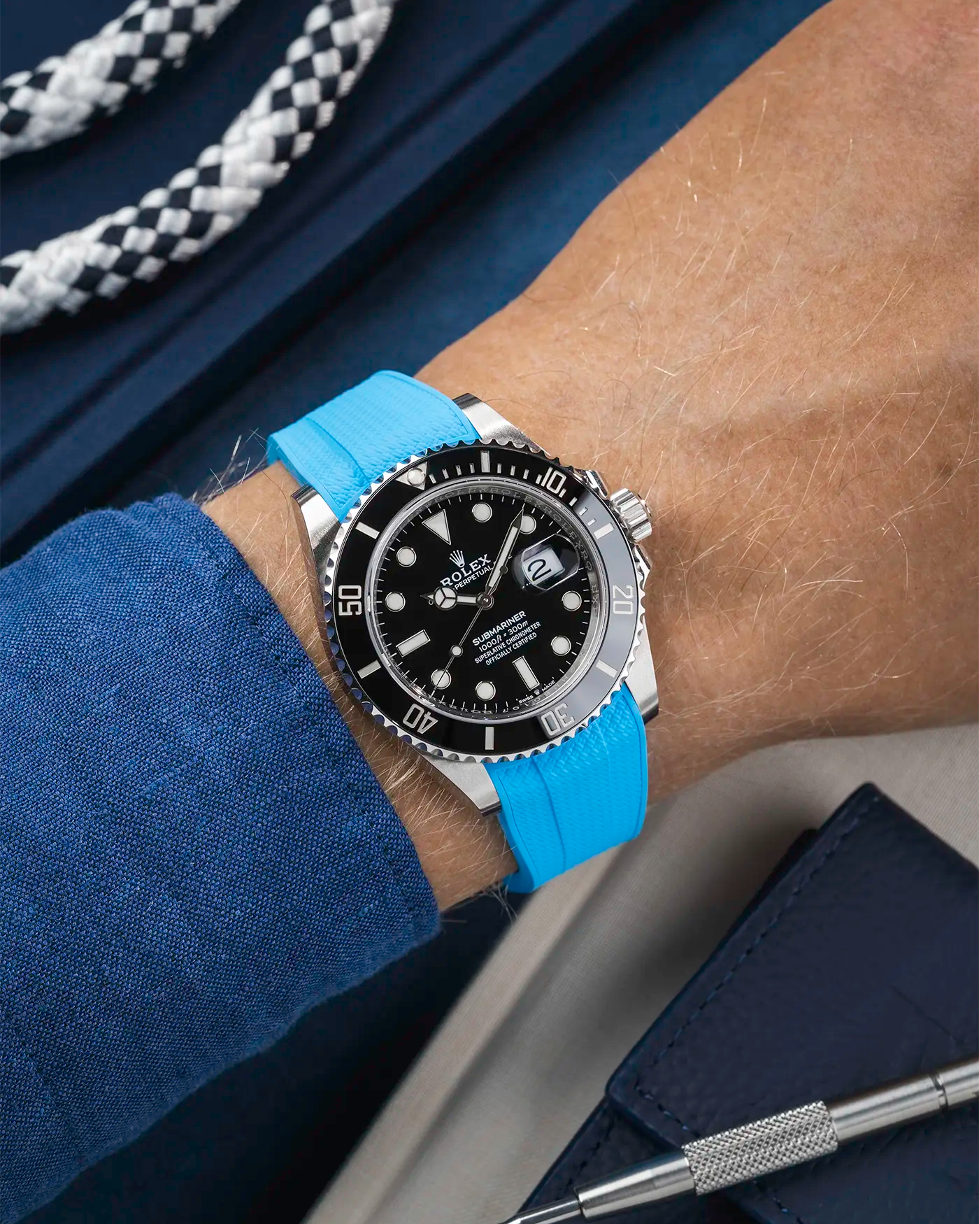 Vertech FKM Rubber Strap Capri Blue for Rolex Submariner 41 126610LN Black Bezel Integrated with Original Clasp – Wrist shot