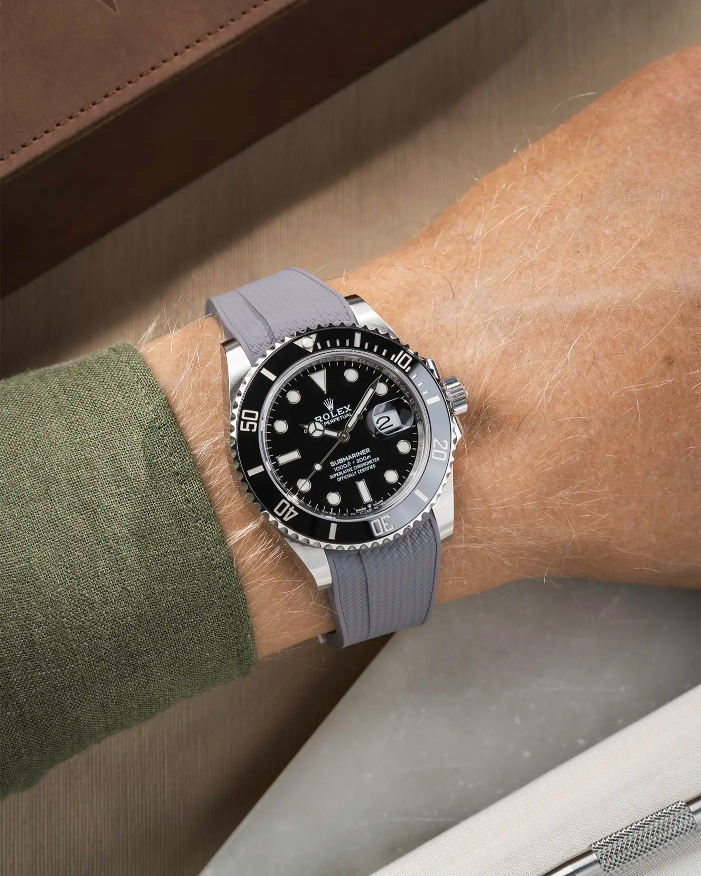 Vertech FKM Rubber Strap Grey for Rolex Submariner 41 126610LN Black Bezel Integrated with Original Clasp – Wrist shot