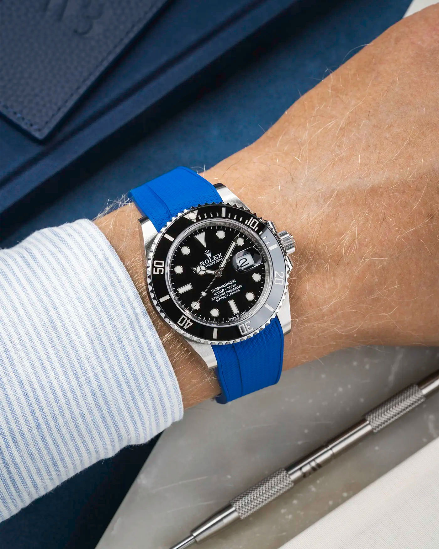Vertech FKM Rubber Strap Navy Blue for Rolex Submariner 41 126610LN Black Bezel Integrated with Original Clasp – Wrist shot