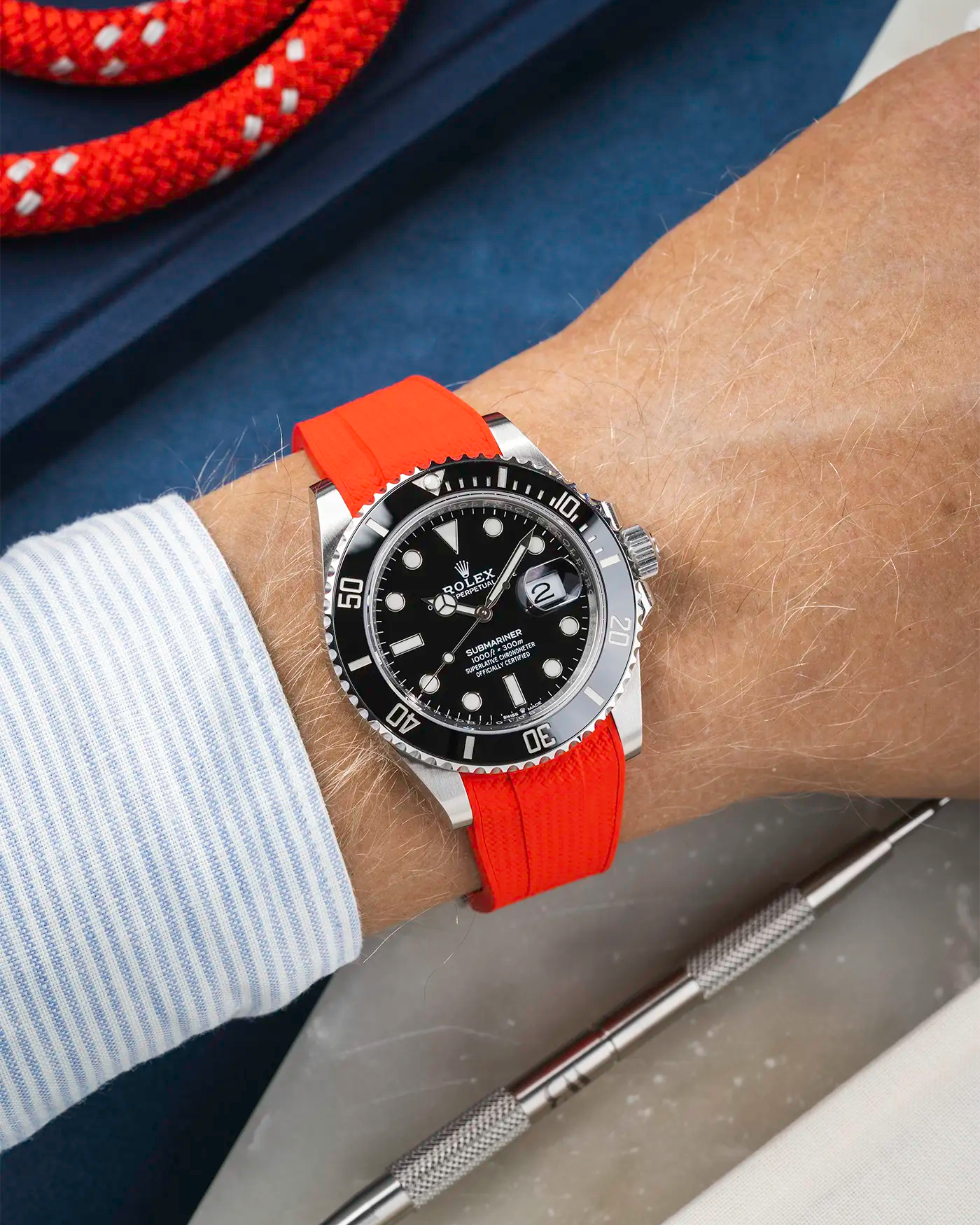 Vertech FKM Rubber Strap Red for Rolex Submariner 41 126610LN Black Bezel Integrated with Original Clasp – Wrist shot
