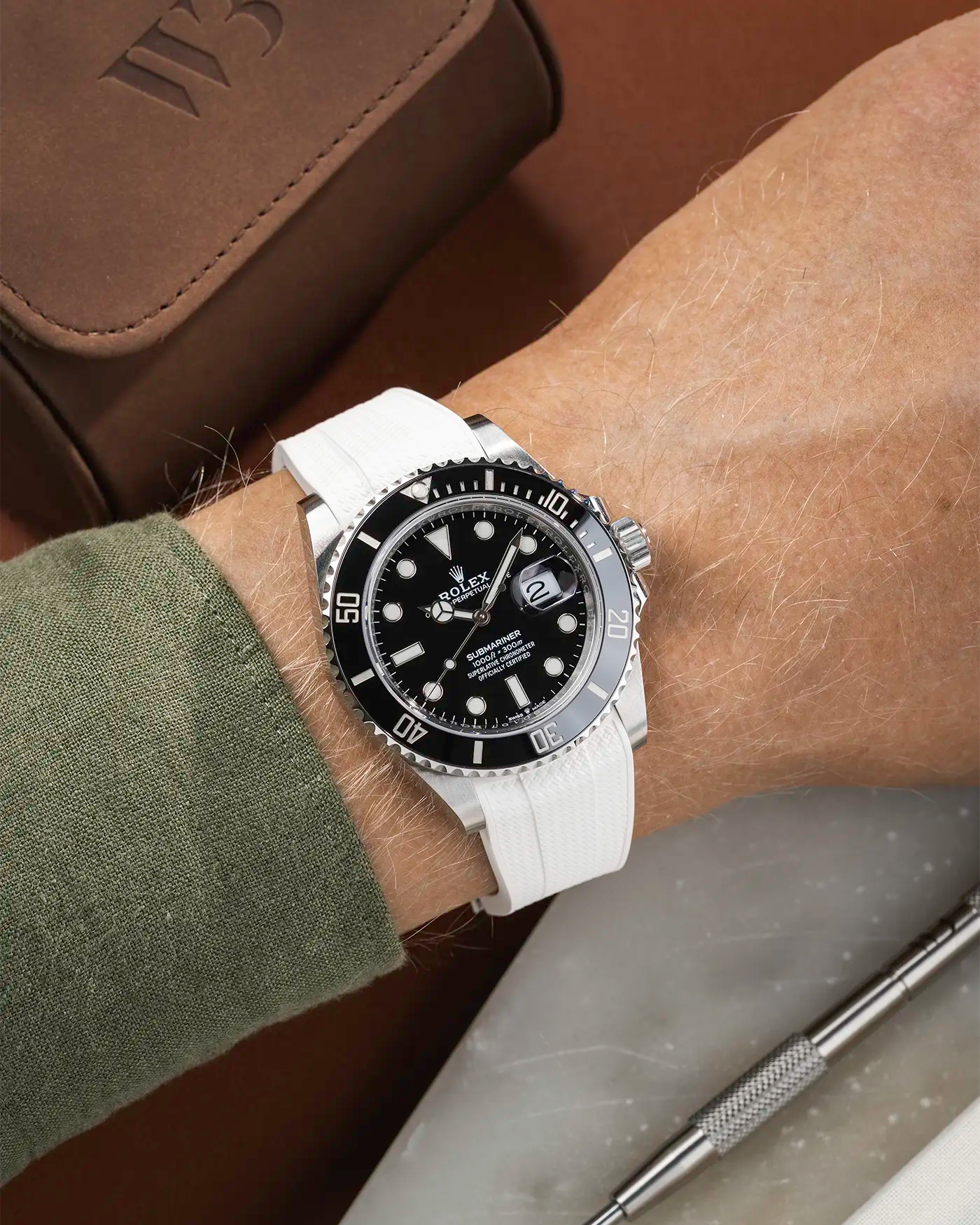 Vertech FKM Rubber Strap White for Rolex Submariner 41 126610LN Black Bezel Integrated with Original Clasp – Wrist shot