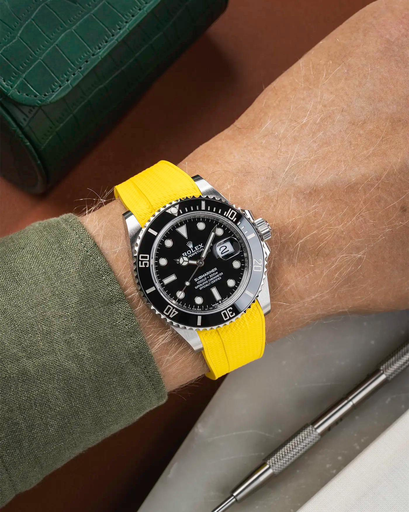 Vertech FKM Rubber Strap Yellow for Rolex Submariner 41 126610LN Black Bezel Integrated with Original Clasp – Wrist shot
