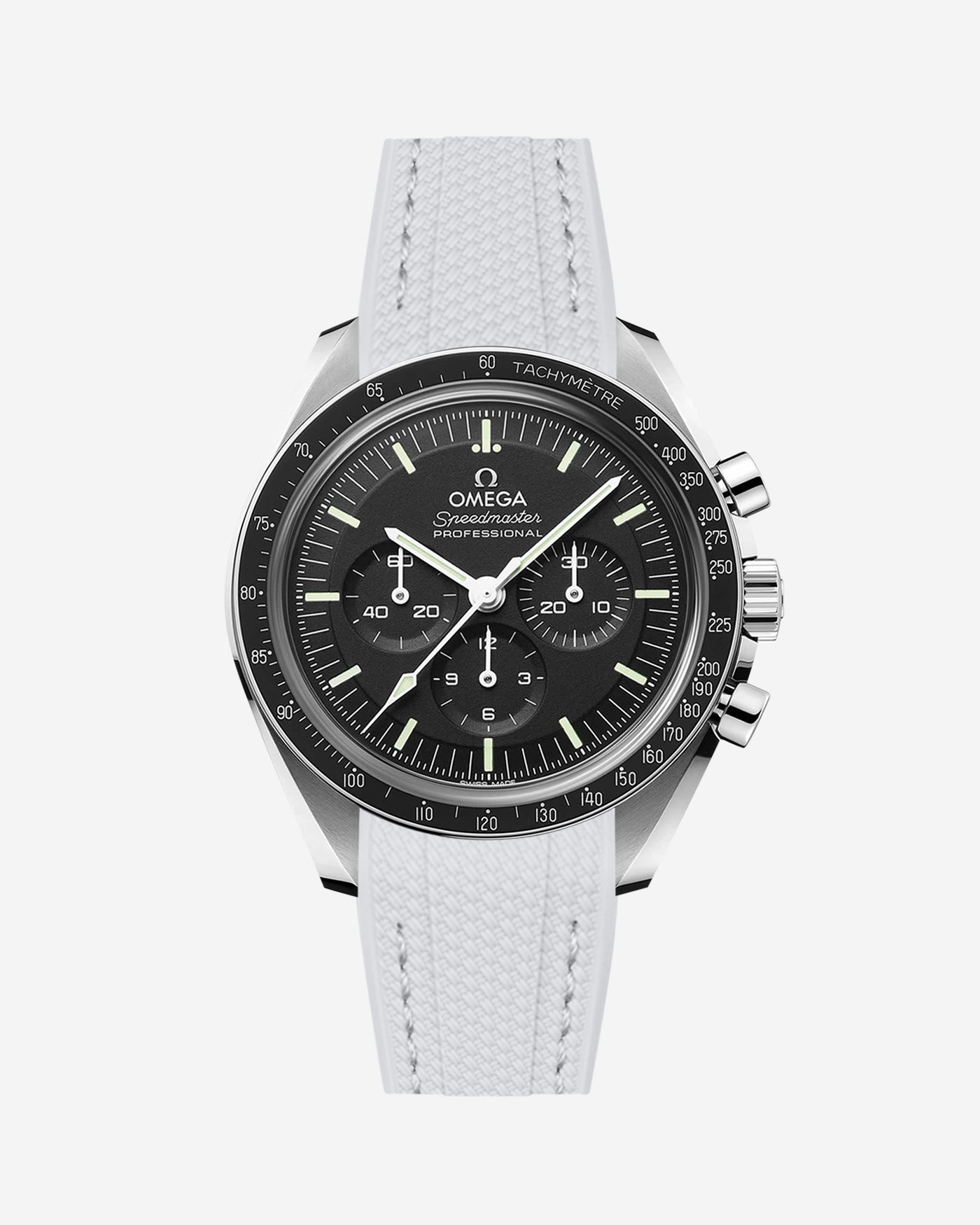 Black Omega Speedmaster watch with a grey vertech rubber watch strap from Wristbudyss and a detailed face on a white background