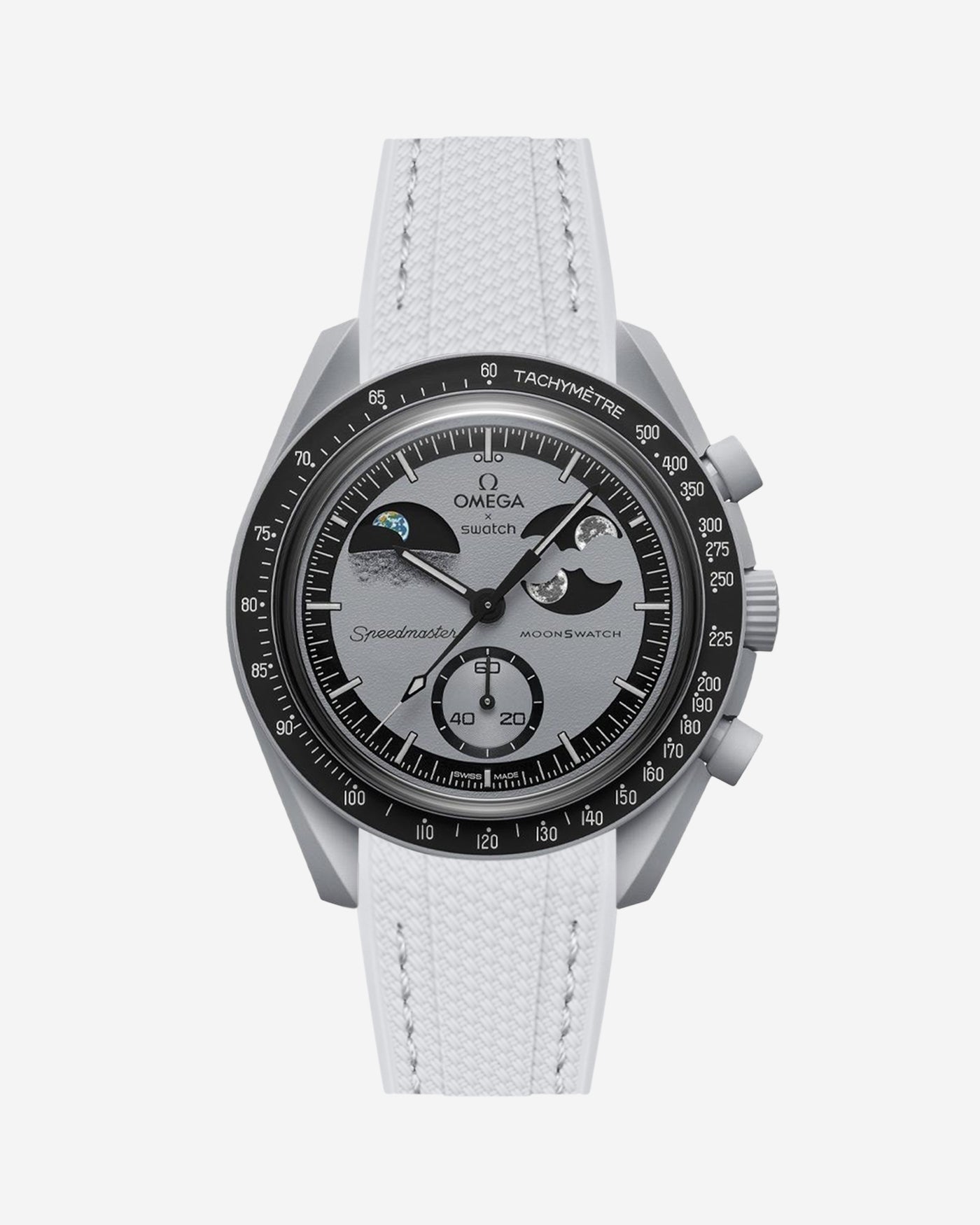 Omega watch with light grey strap on a white background